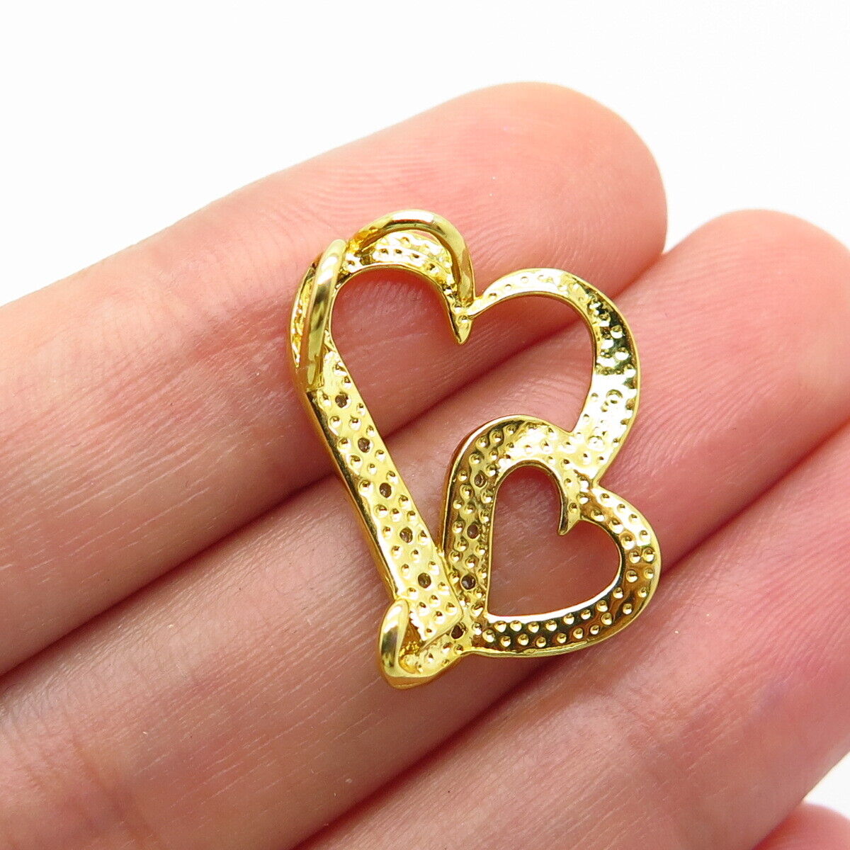 925 Sterling Silver Gold Plated Real White Diamond Double Heart Slide Pendant