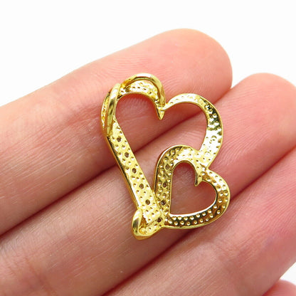 925 Sterling Silver Gold Plated Real White Diamond Double Heart Slide Pendant