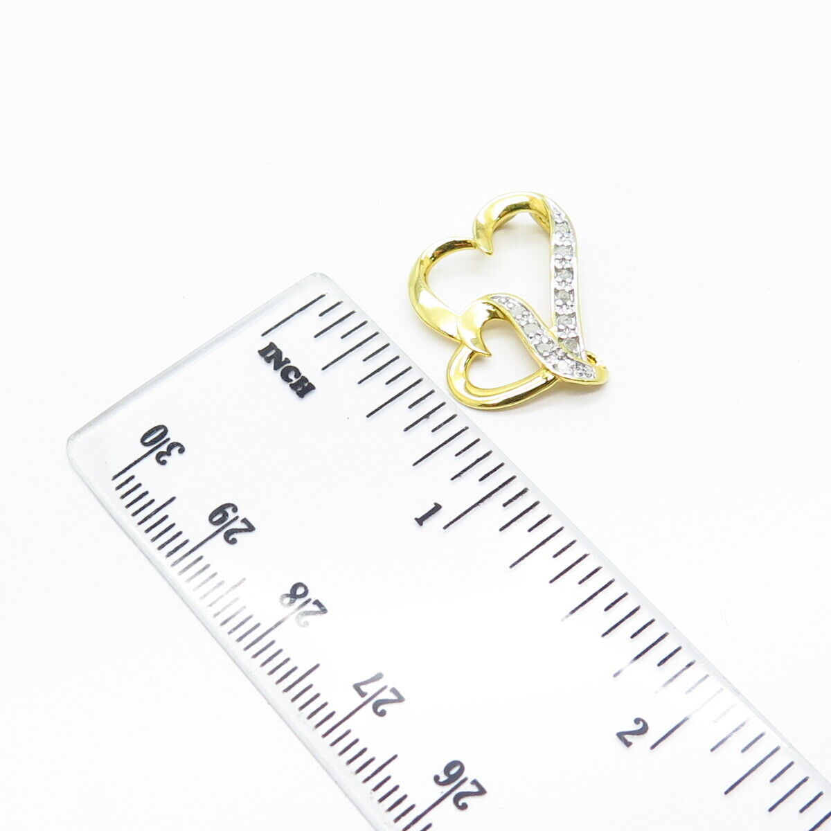 925 Sterling Silver Gold Plated Real White Diamond Double Heart Slide Pendant