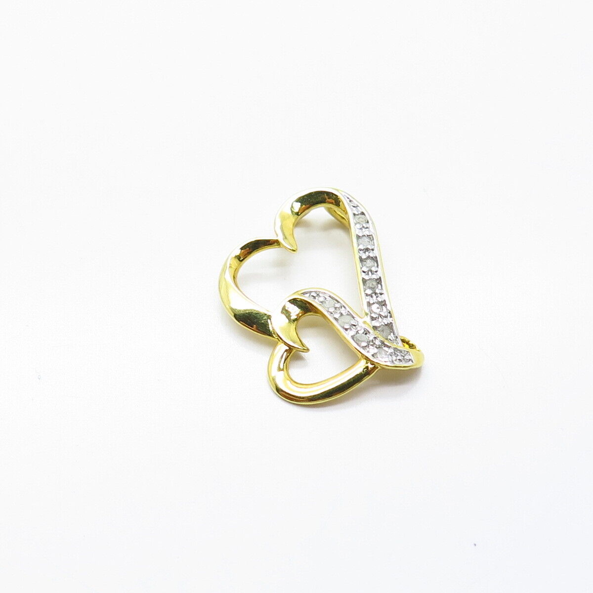 925 Sterling Silver Gold Plated Real White Diamond Double Heart Slide Pendant