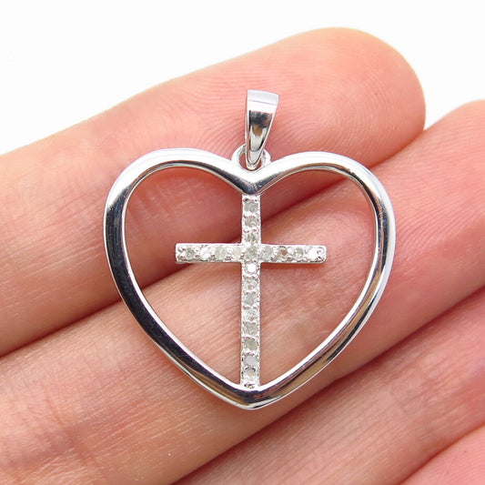 925 Sterling Silver Real White Diamond Cross & Heart Pendant