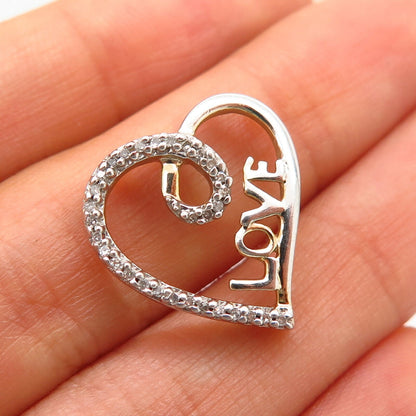 925 Sterling Silver 2-Tone Real Diamond "Love" Heart Design Slide Pendant