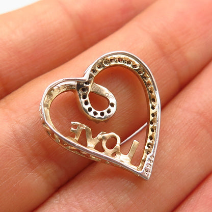 925 Sterling Silver 2-Tone Real Diamond "Love" Heart Design Slide Pendant