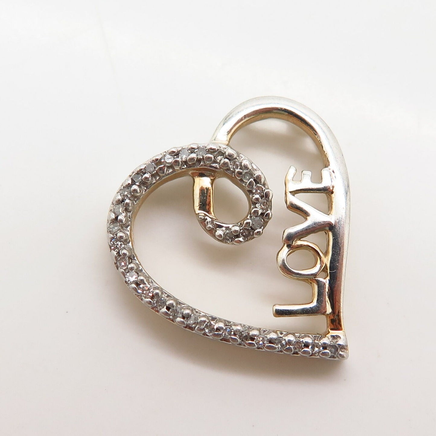 925 Sterling Silver 2-Tone Real Diamond "Love" Heart Design Slide Pendant