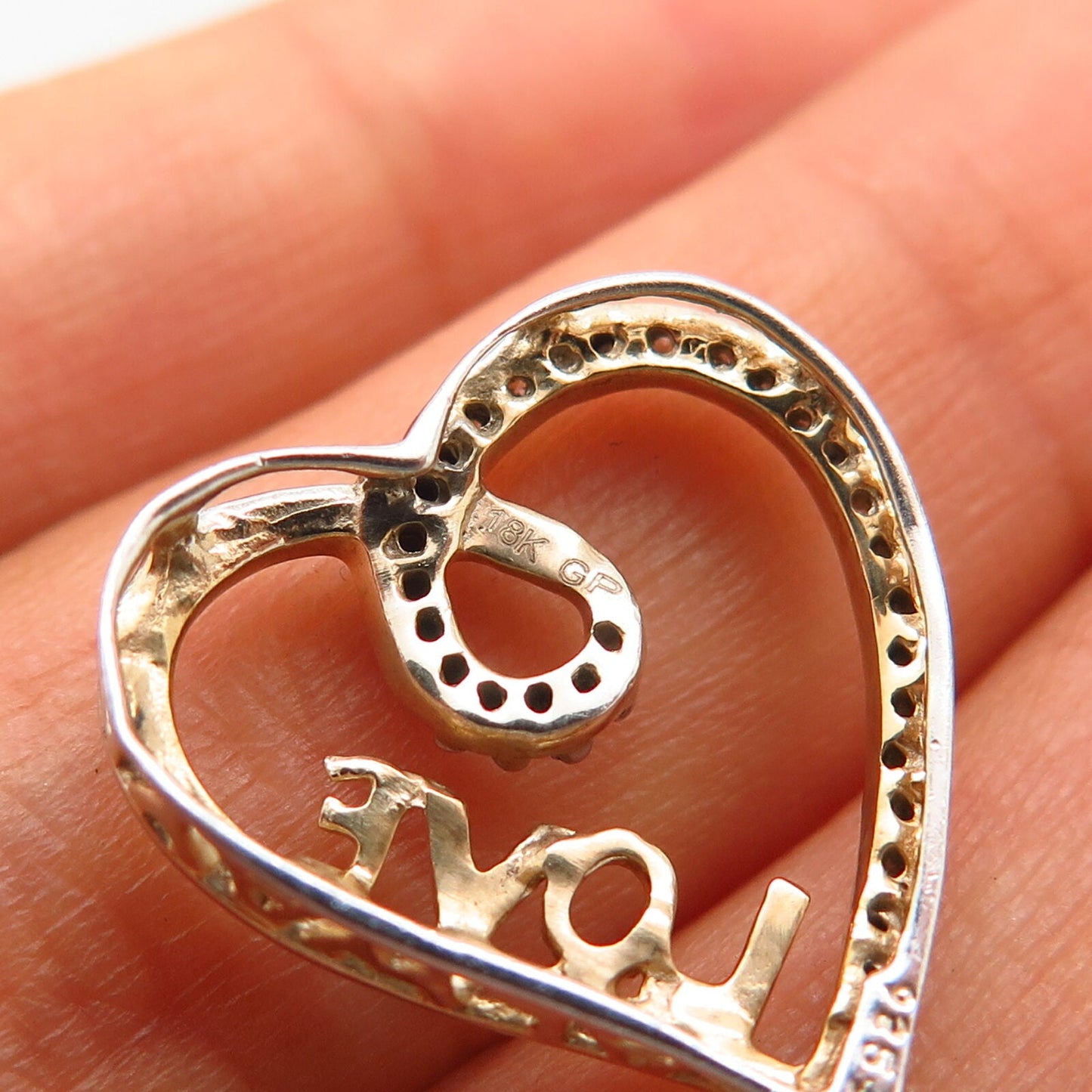 925 Sterling Silver 2-Tone Real Diamond "Love" Heart Design Slide Pendant