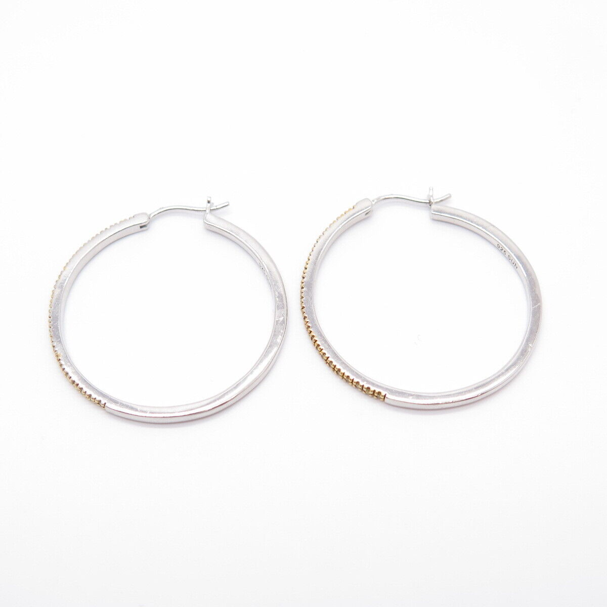 925 Sterling Silver 2-Tone SUN Real White Diamond Round Hoop Earrings