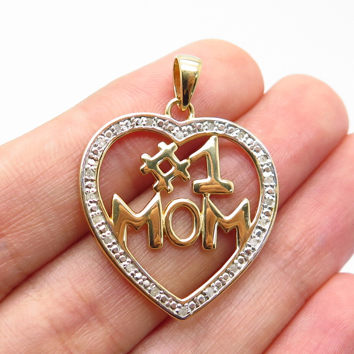 925 Sterling Silver Gold Plated Real White Diamond "#1 MOM" Heart Pendant