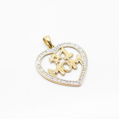 925 Sterling Silver Gold Plated Real White Diamond "#1 MOM" Heart Pendant