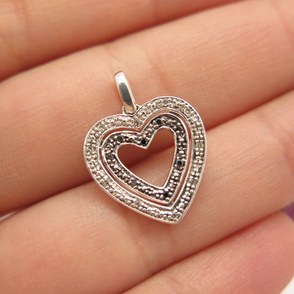 925 Sterling Silver Real White & Black Diamond Open Heart Pendant