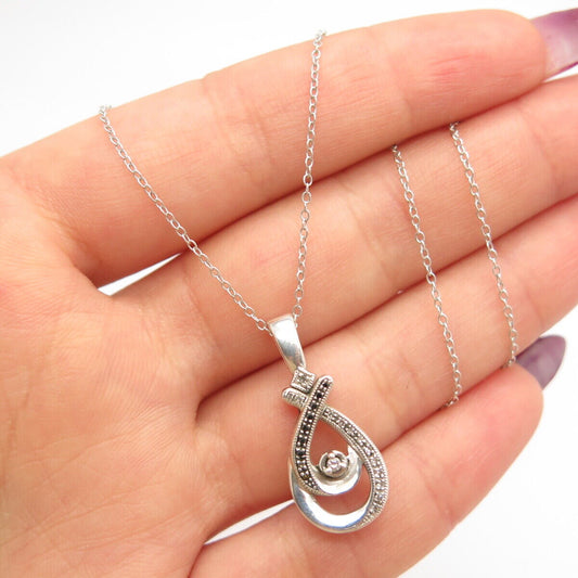 925 Sterling Silver Real White & Black Diamond Pendant Rolo Chain Necklace 16"