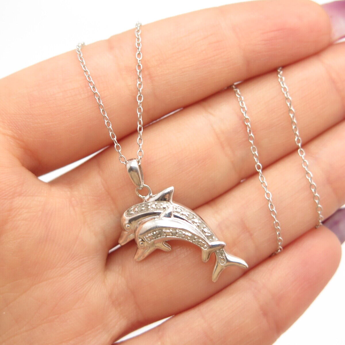 925 Sterling Silver Real Diamond Couple of Dolphin Rolo Chain Necklace 16"