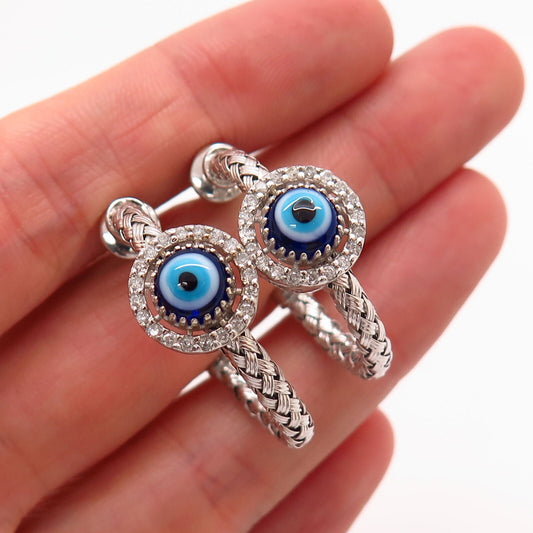 925 Sterling Silver Real Diamond & Art Glass Evil Eye Woven Design Hoop Earrings