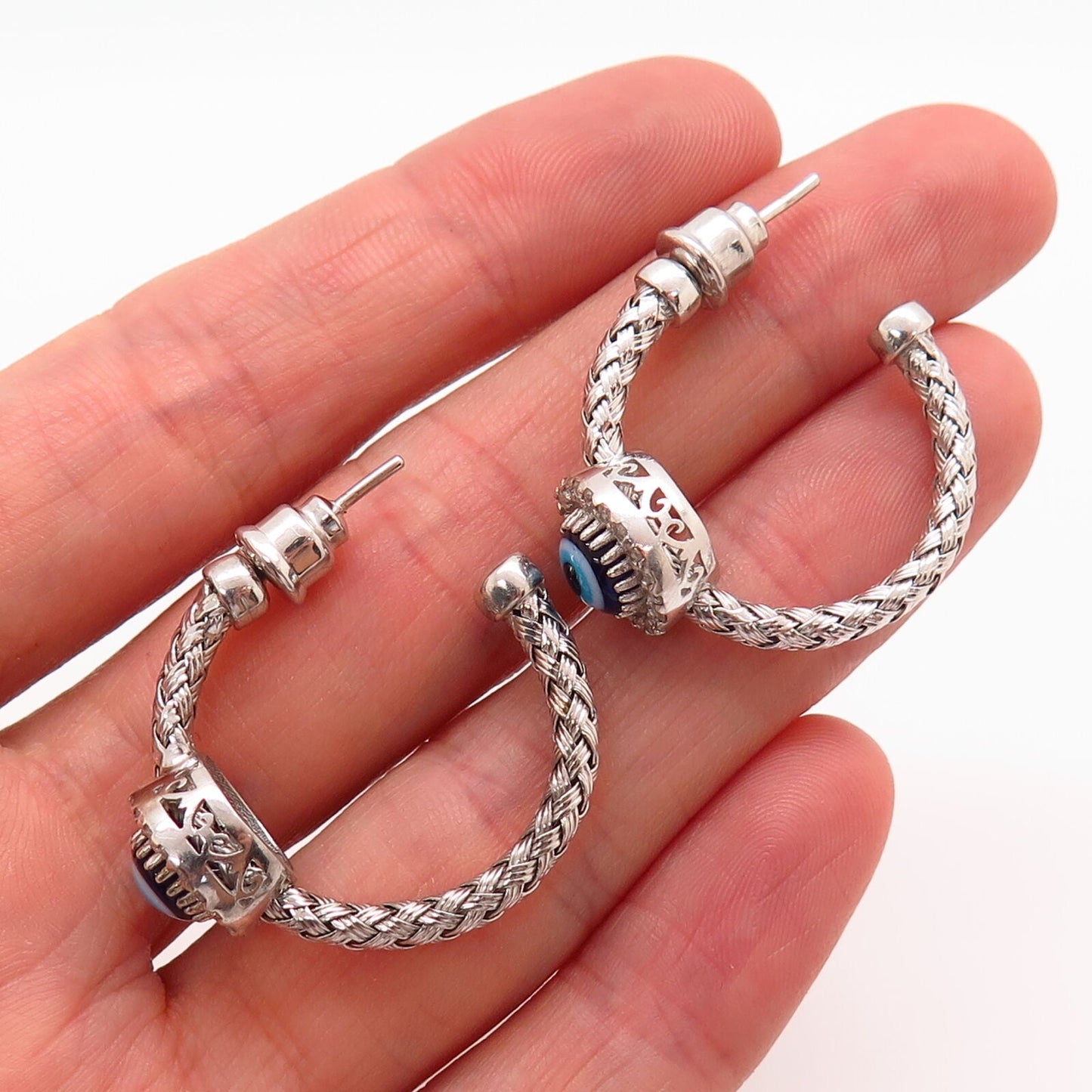 925 Sterling Silver Real Diamond & Art Glass Evil Eye Woven Design Hoop Earrings