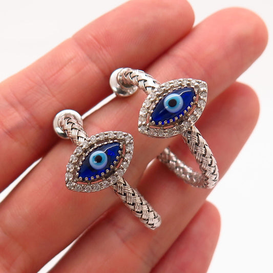 925 Sterling Silver Real Diamond & Art Glass Evil Eye Woven Design Hoop Earrings