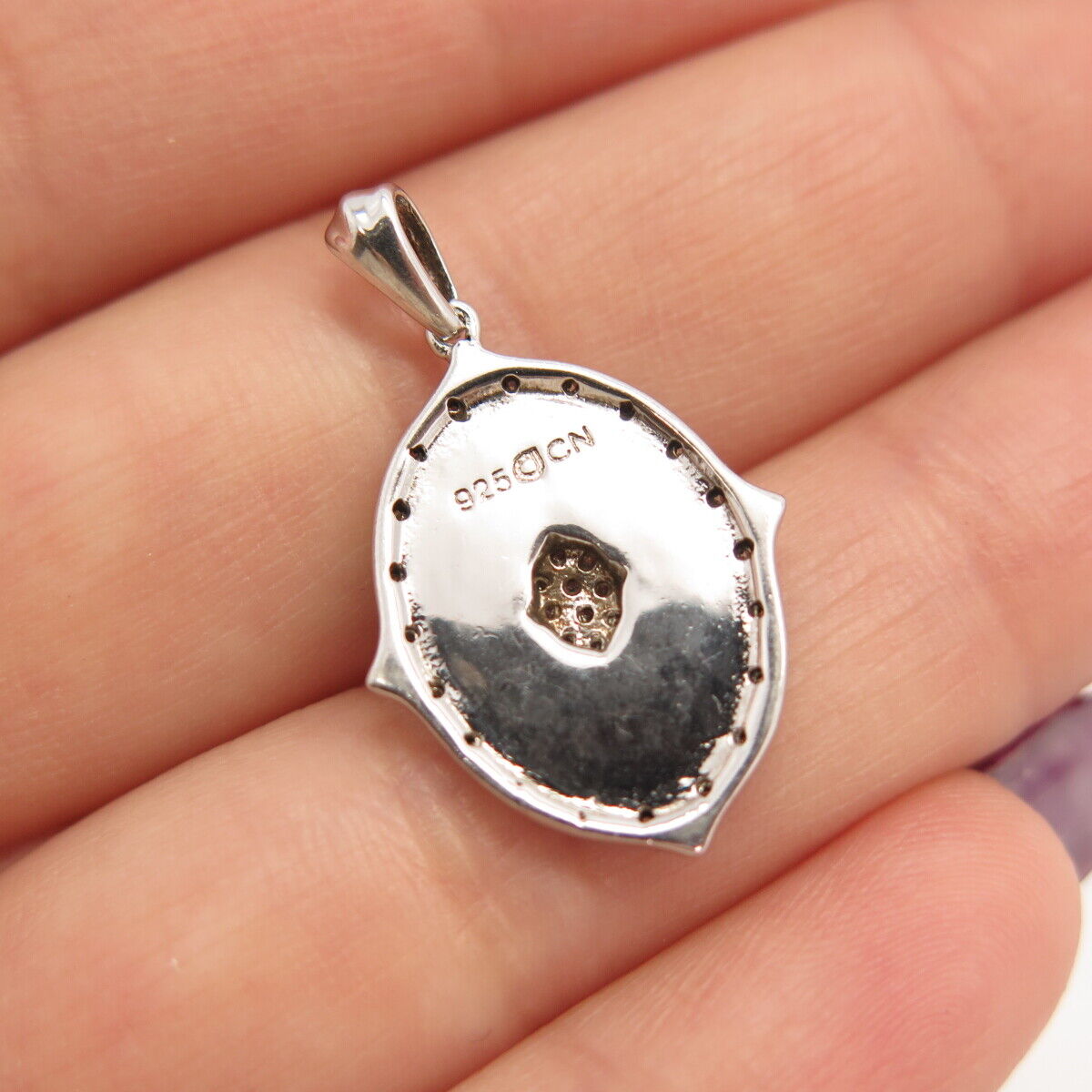 925 Sterling Silver Real Diamond Textured Oval Pendant