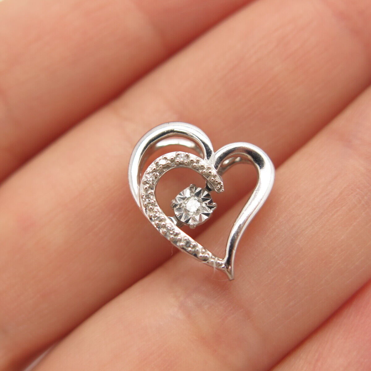 925 Sterling Silver Real Diamond Open Heart Slide Pendant