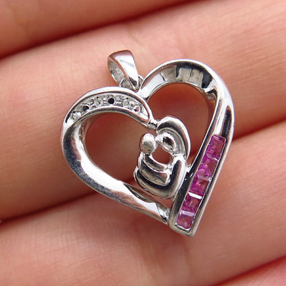 925 Sterling Silver Real Diamond & Lab-Created Ruby Heart Pendant