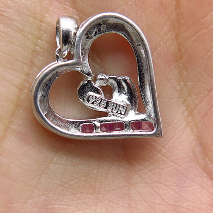 925 Sterling Silver Real Diamond & Lab-Created Ruby Heart Pendant