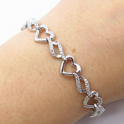 925 Sterling Silver Real Diamond Heart Braided Link Bracelet 7.25"