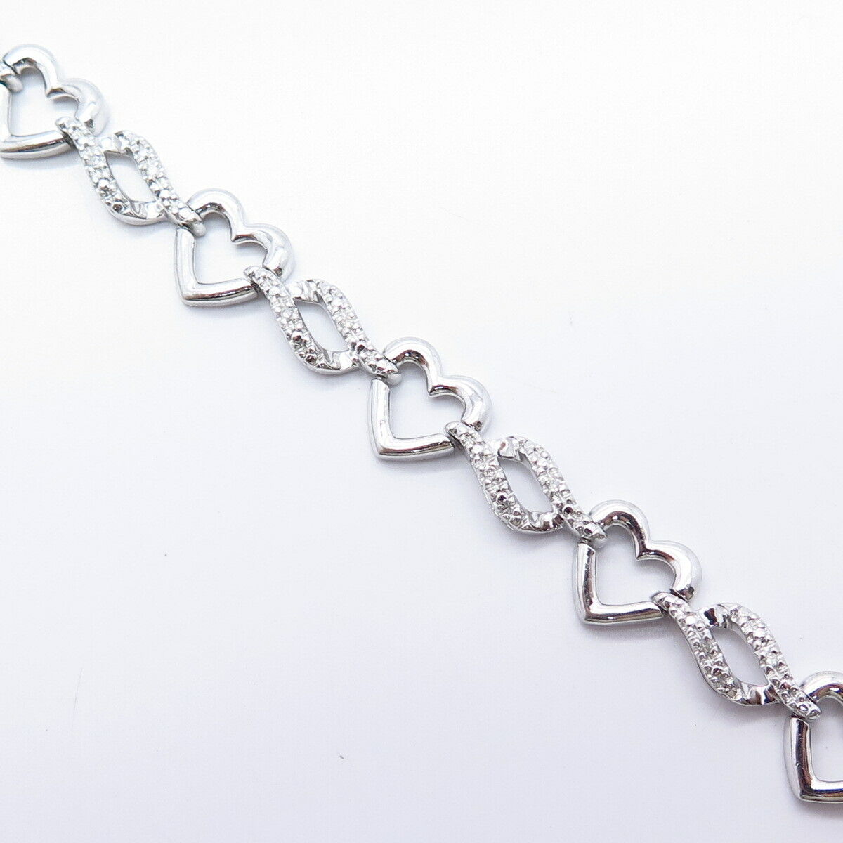 925 Sterling Silver Real Diamond Heart Braided Link Bracelet 7.25"