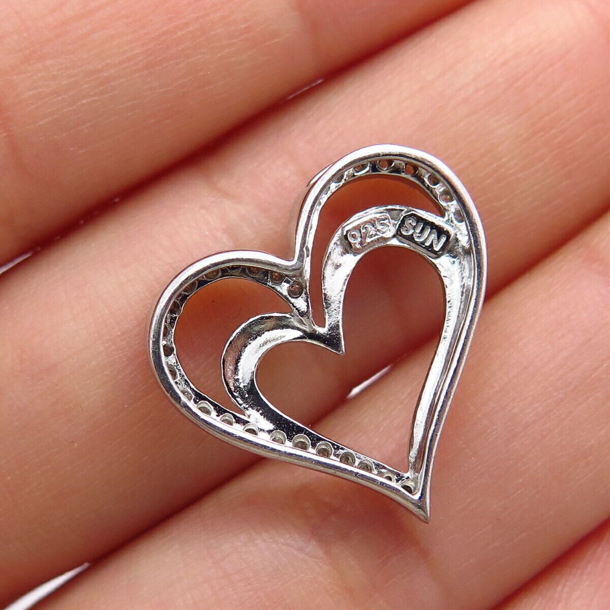 925 Sterling Silver SUN Real Diamond Open Double Heart Slide Pendant