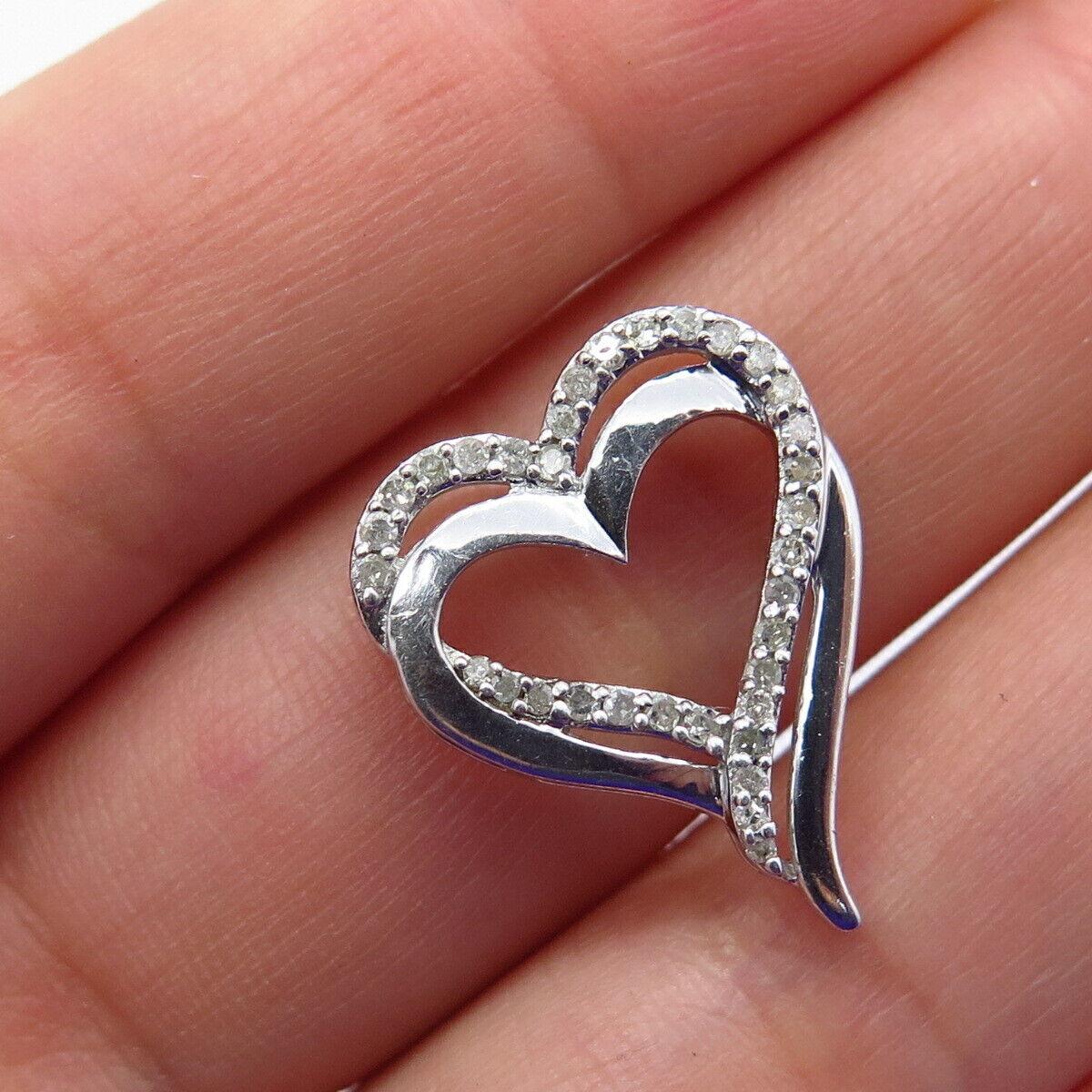 925 Sterling Silver Real White Diamond Double Heart Charm Pendant