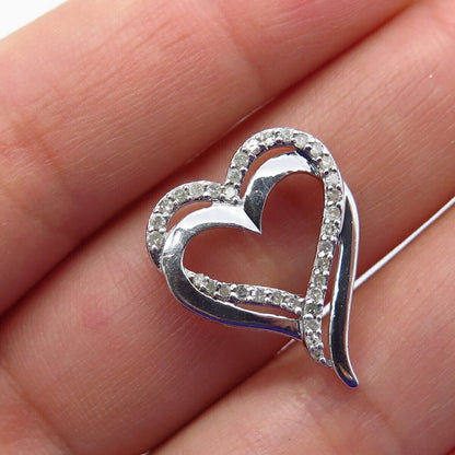 925 Sterling Silver Real White Diamond Double Heart Charm Pendant