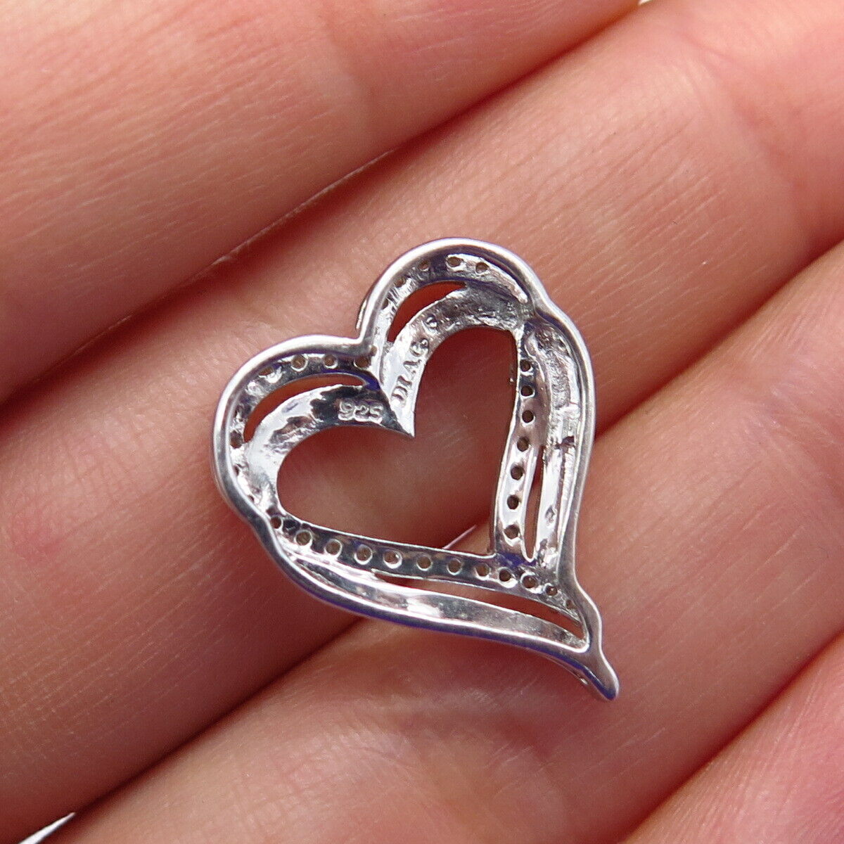 925 Sterling Silver Real White Diamond Double Heart Charm Pendant