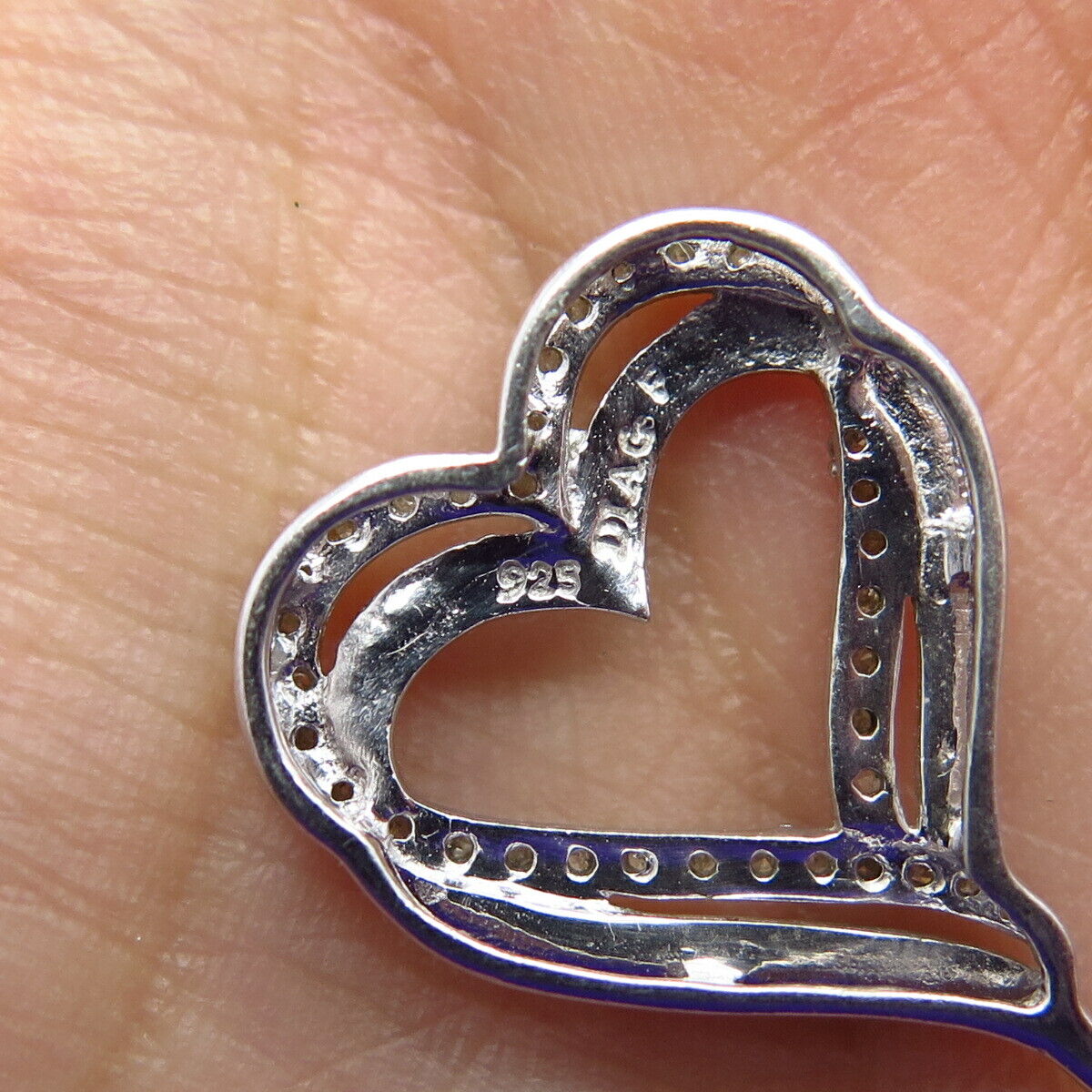 925 Sterling Silver Real White Diamond Double Heart Charm Pendant