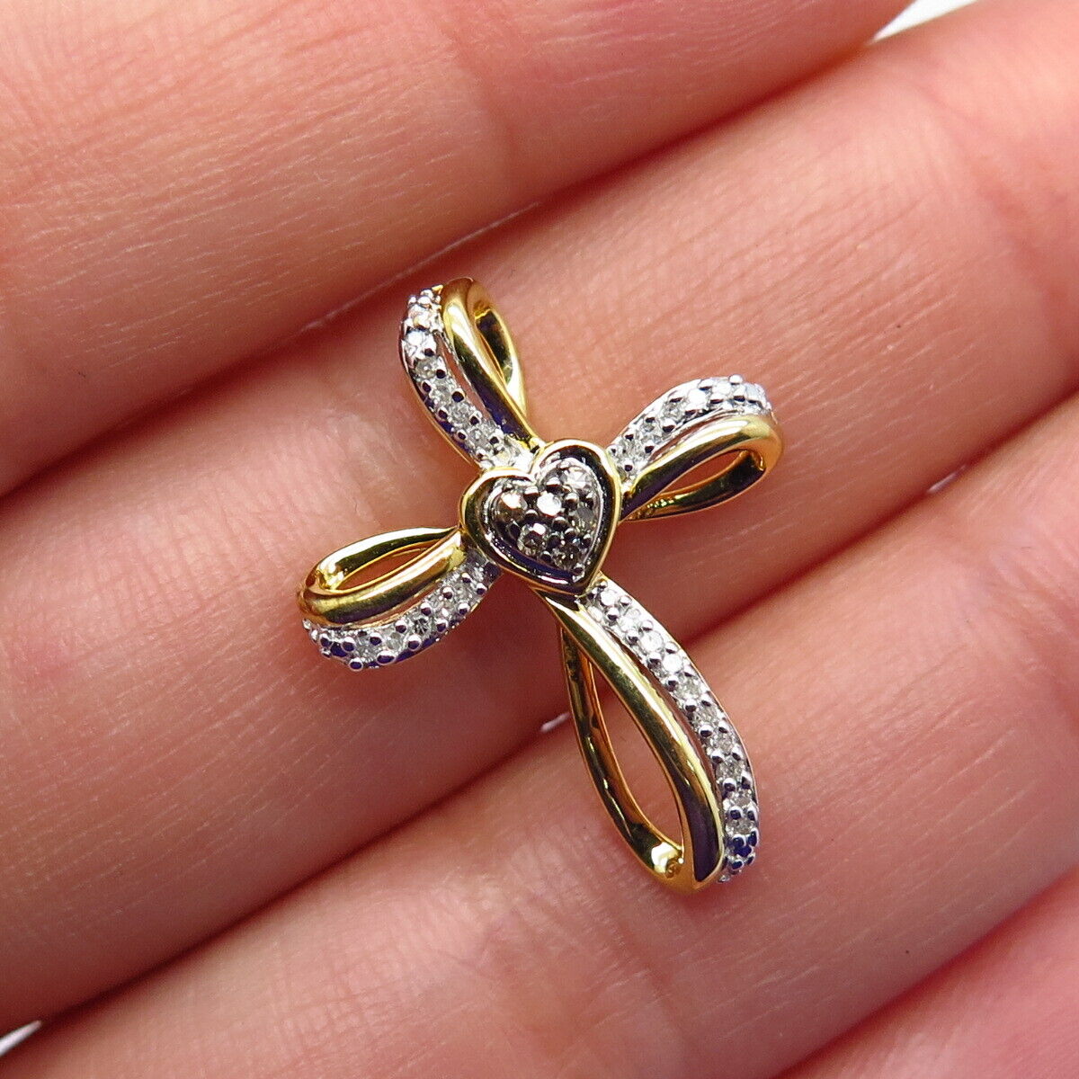 925 Sterling Silver Gold Plated SUN Real White Diamond Cross Slide Pendant