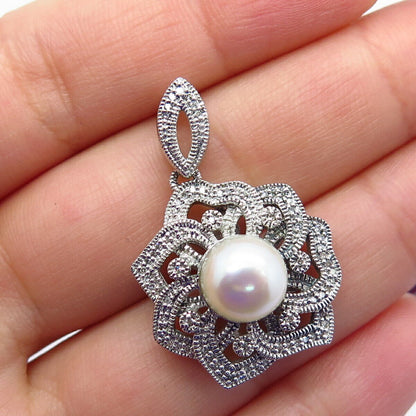 925 Sterling Silver Real White Diamond & Pearl Floral Charm Pendant