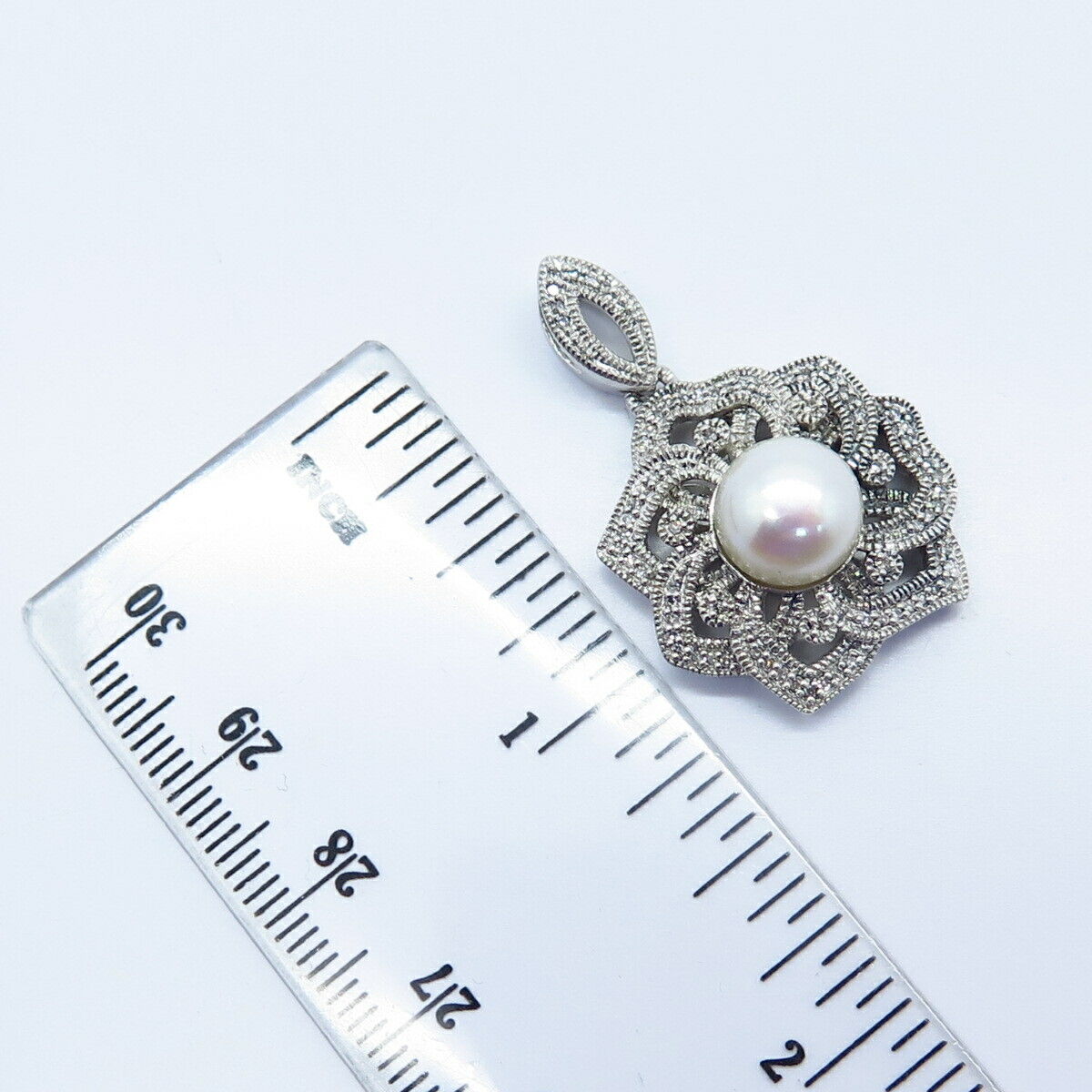 925 Sterling Silver Real White Diamond & Pearl Floral Charm Pendant