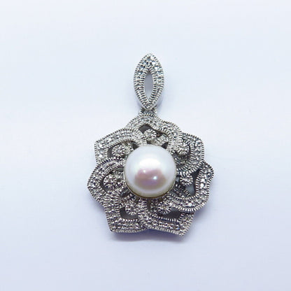 925 Sterling Silver Real White Diamond & Pearl Floral Charm Pendant