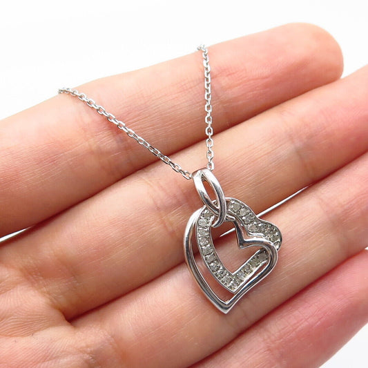 925 Sterling Silver Italy BSI Real Diamond Double Heart Rolo Chain Necklace 18"