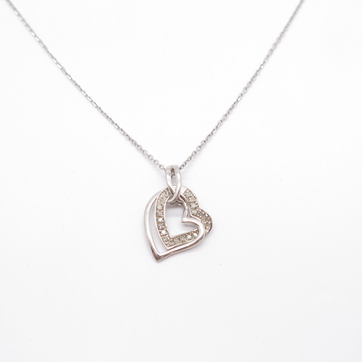 925 Sterling Silver Italy BSI Real Diamond Double Heart Rolo Chain Necklace 18"