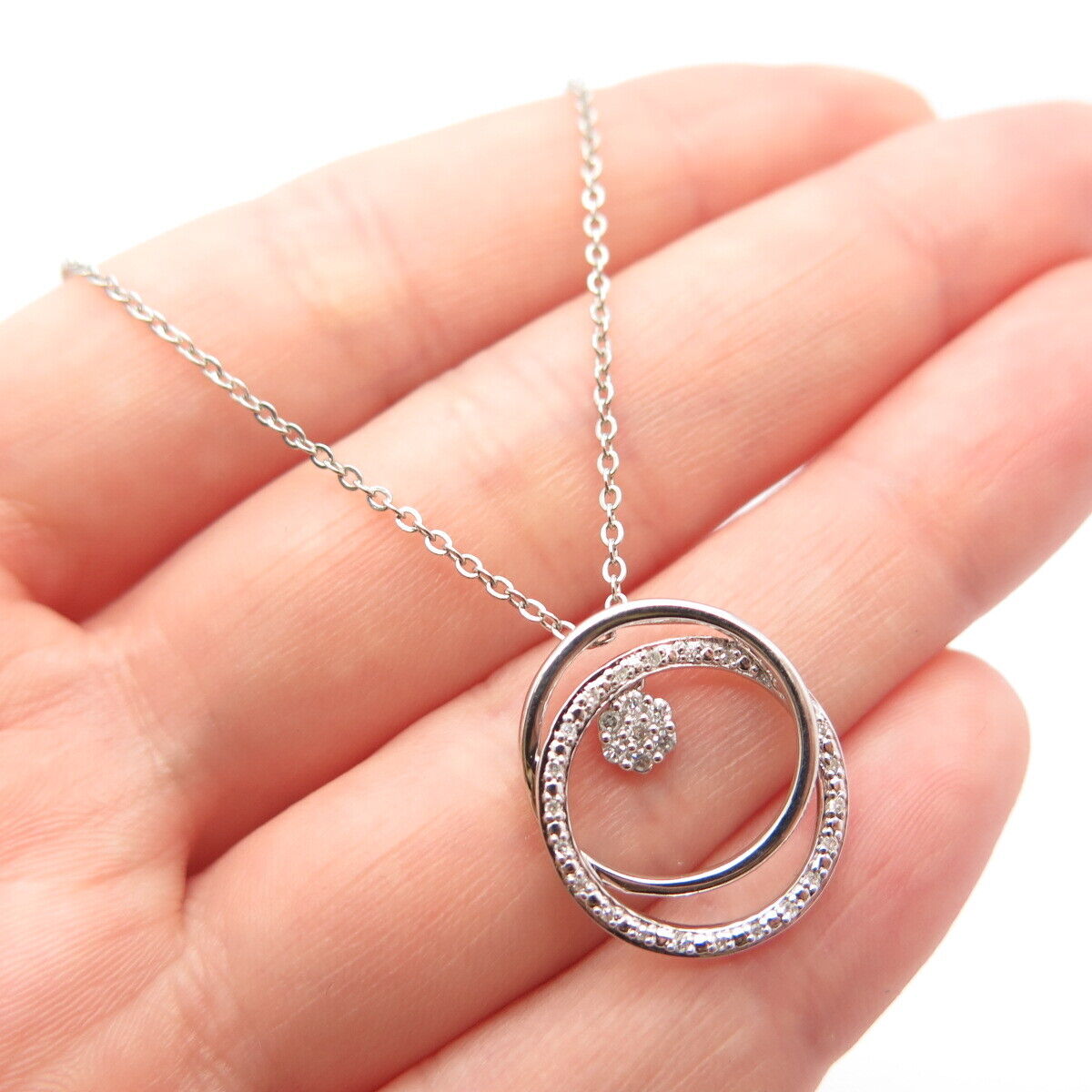 925 Sterling Silver Sun Real Diamond Double Circle  Rolo Chain Necklace 15.5-18"