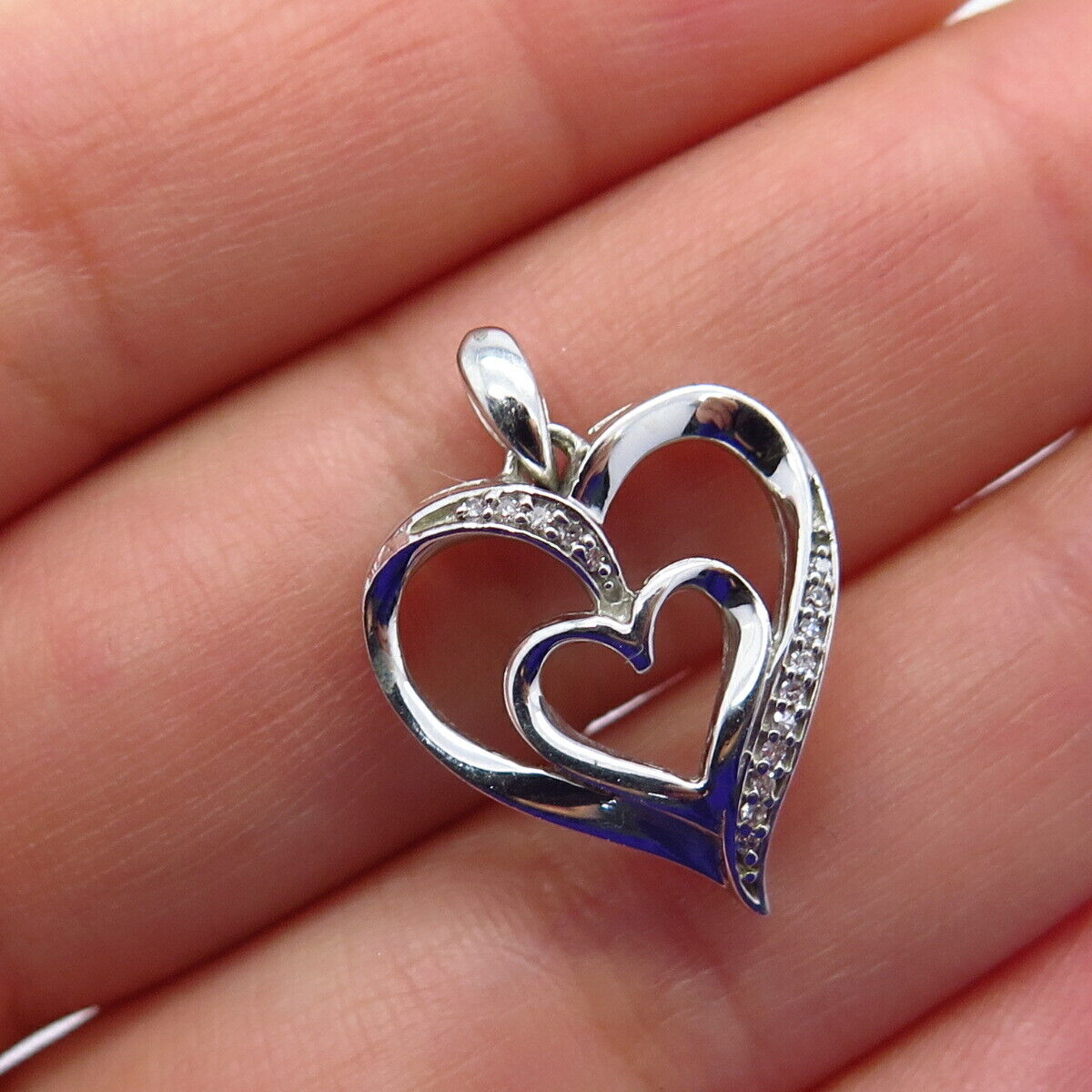 925 Sterling Silver Real White Diamond Double Heart Charm Pendant