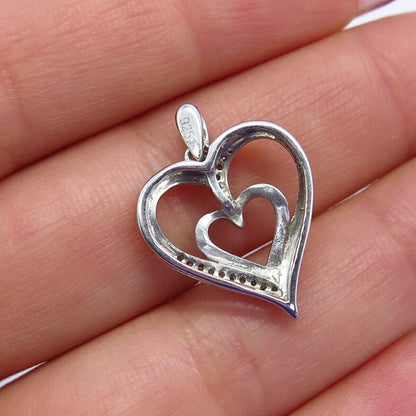 925 Sterling Silver Real White Diamond Double Heart Charm Pendant