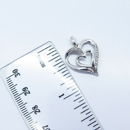 925 Sterling Silver Real White Diamond Double Heart Charm Pendant