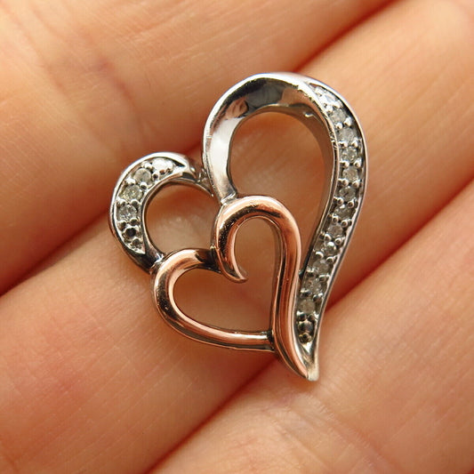 925 Sterling Silver / 14K Real Diamond Double Open Heart Slide Pendant