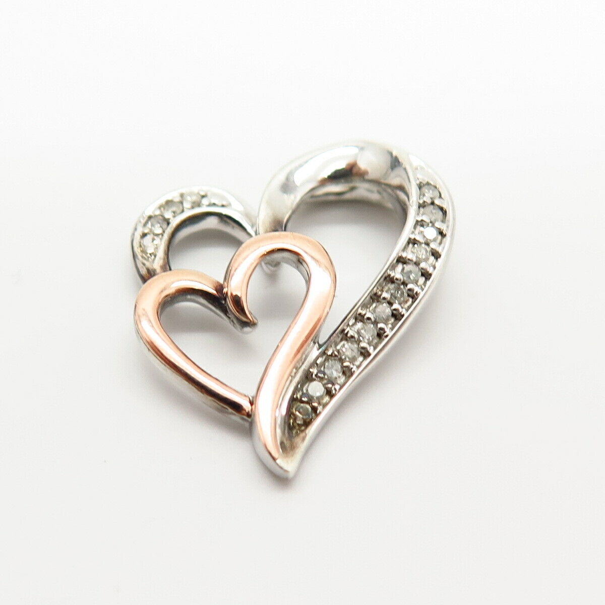 925 Sterling Silver / 14K Real Diamond Double Open Heart Slide Pendant