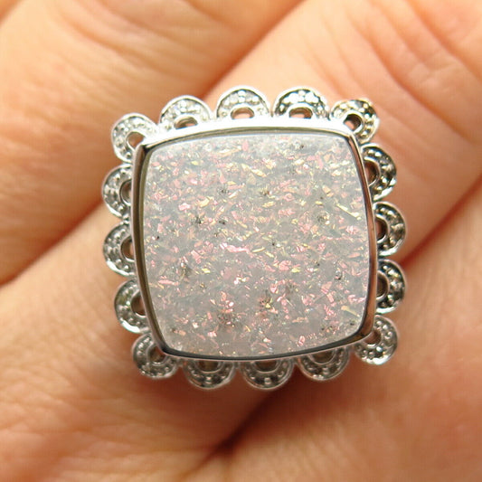 925 Sterling Silver Real Diamond & Druzy Wide Ring Size 7