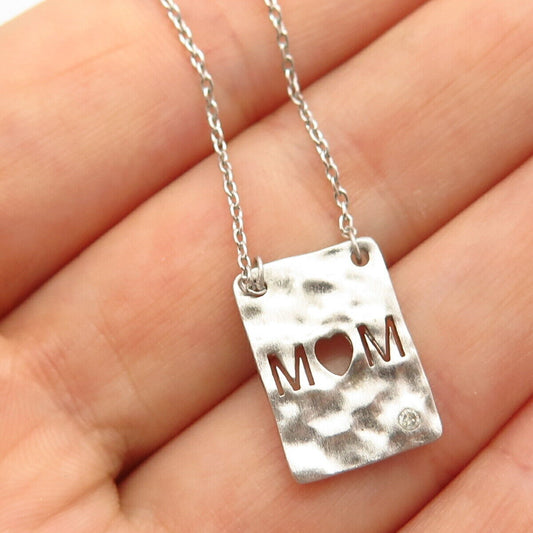 925 Sterling Silver Hammered Finish Real Diamond "Mom" Necklace Central Part