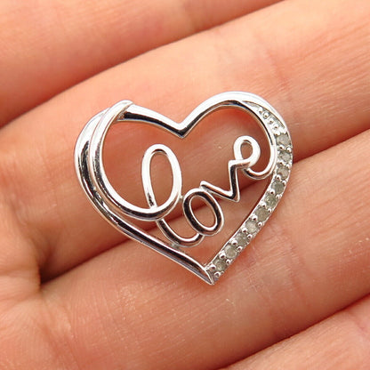 925 Sterling Silver Real Diamond "Love" Open Heart Design Slide Pendant