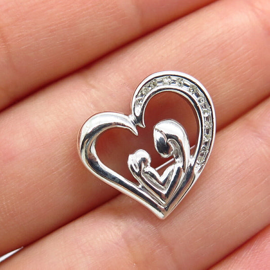 925 Sterling Silver Real White Diamond Mom & Baby Open Heart Charm Pendant