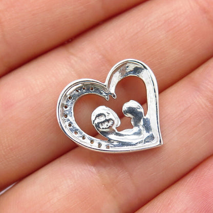 925 Sterling Silver Real White Diamond Mom & Baby Open Heart Charm Pendant