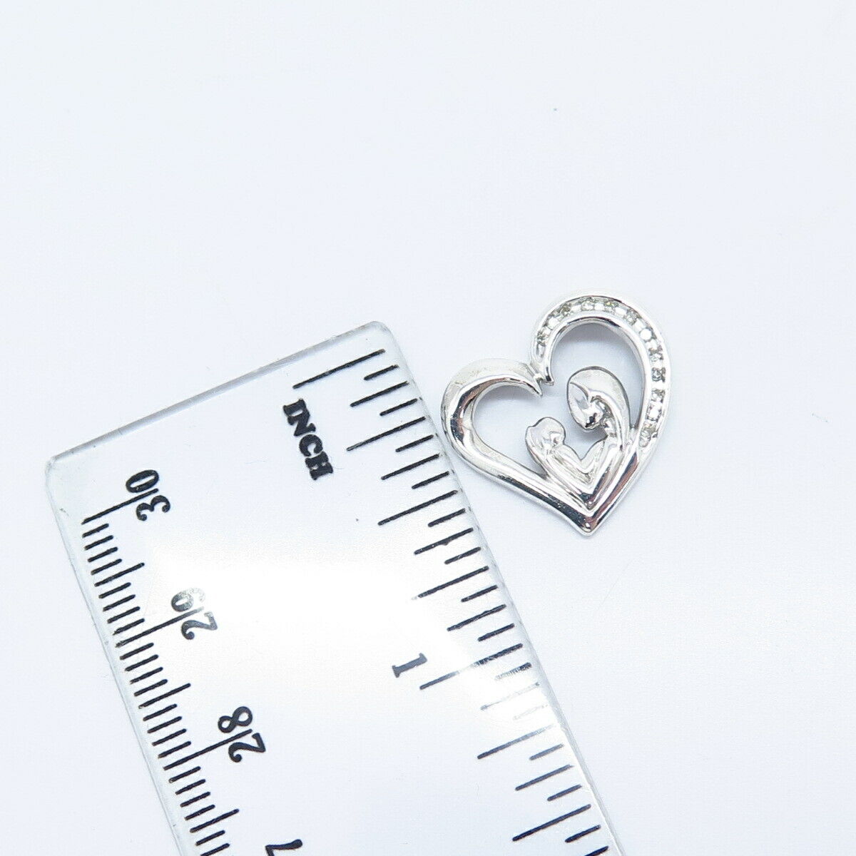 925 Sterling Silver Real White Diamond Mom & Baby Open Heart Charm Pendant