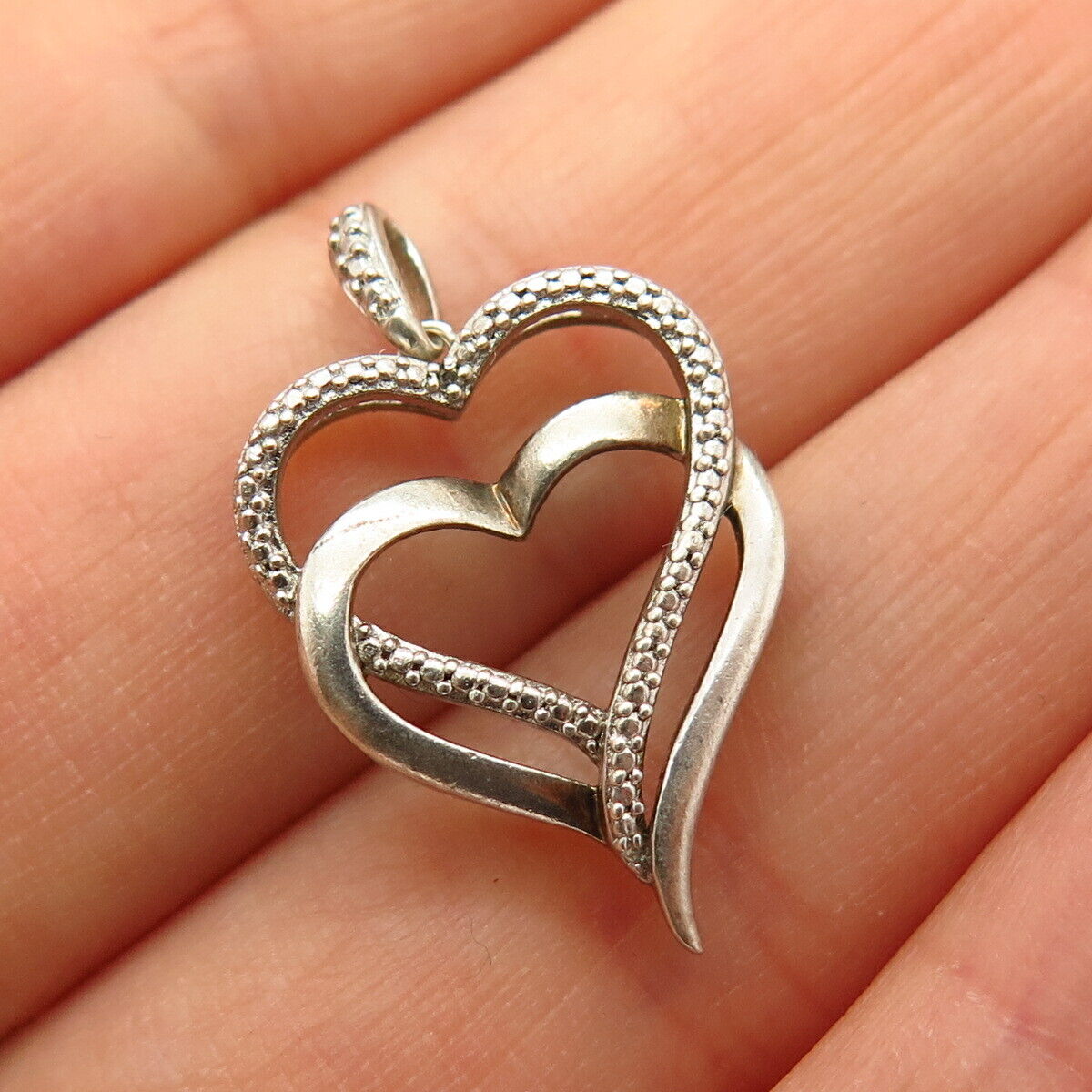 925 Sterling Silver Real Diamond Accent Double Open Heart Design Slide Pendant