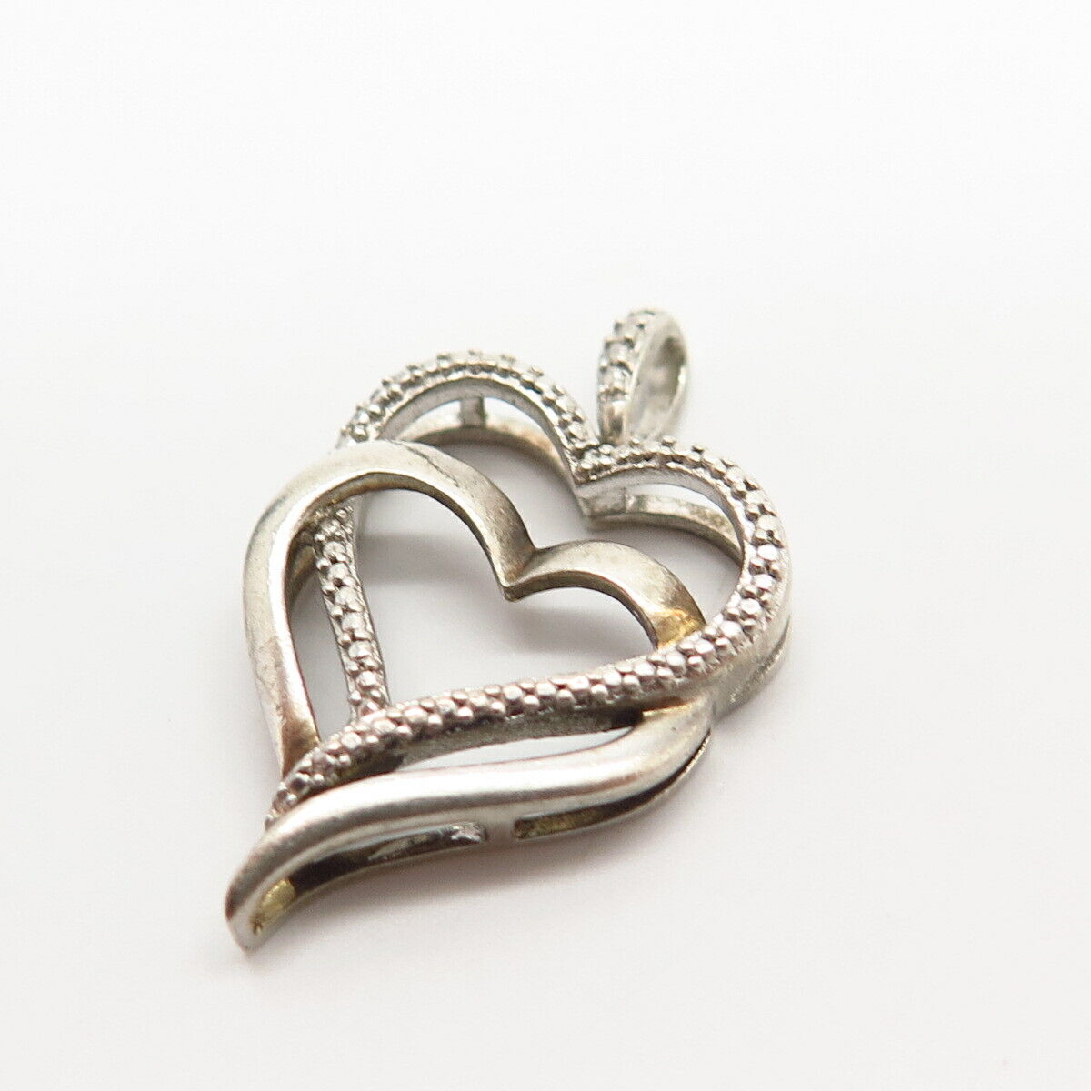 925 Sterling Silver Real Diamond Accent Double Open Heart Design Slide Pendant