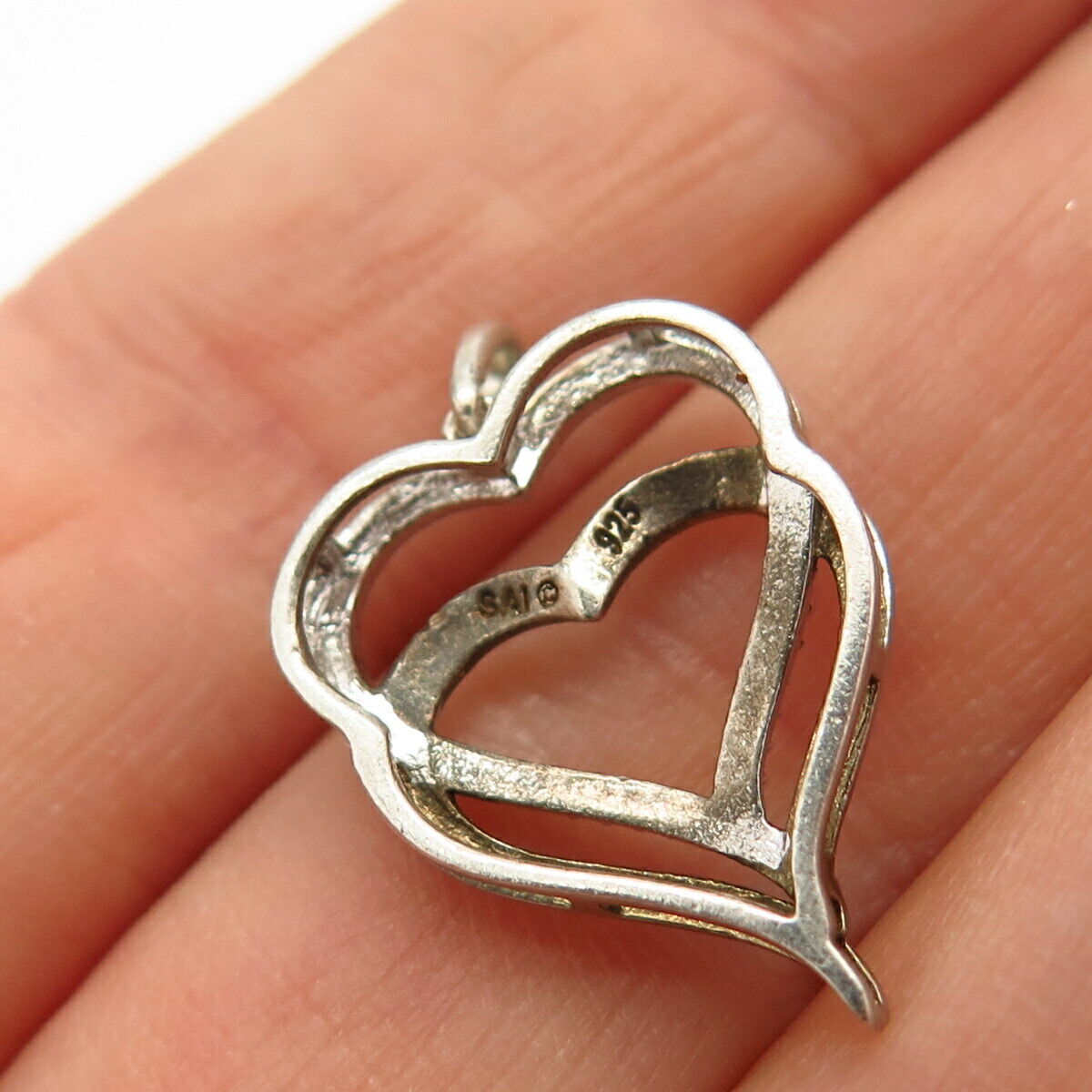 925 Sterling Silver Real Diamond Accent Double Open Heart Design Slide Pendant